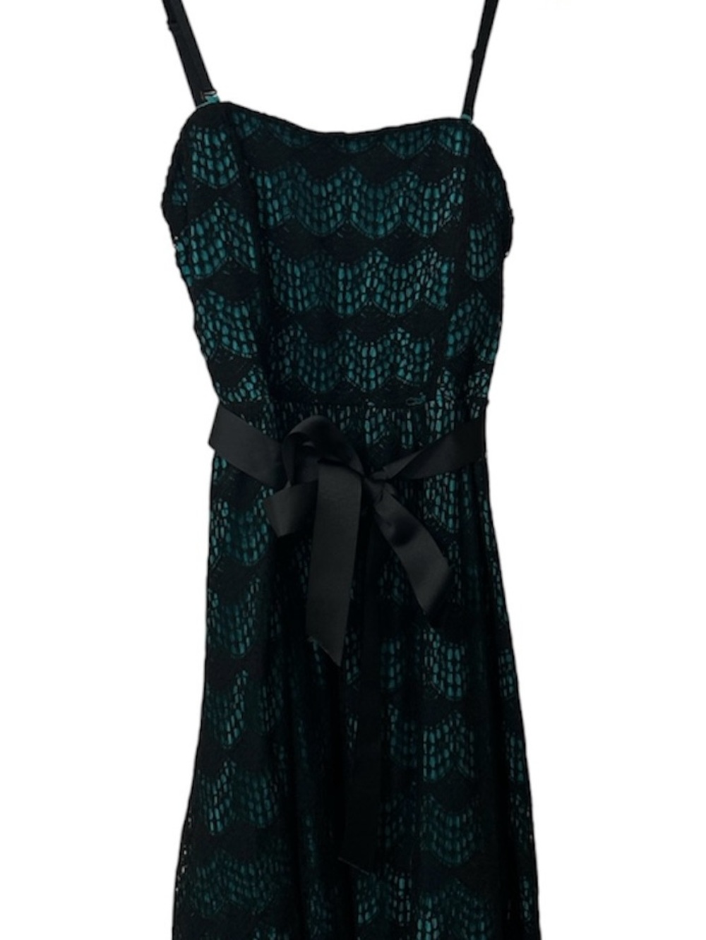 Strapless Teal Lace Overlay Dress with Black Ribbon